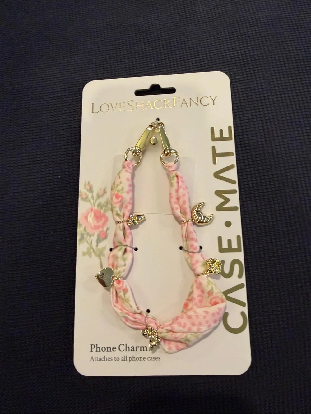 LoveShackFancy Pink Floral Charm Phone Strap with Gold Accents